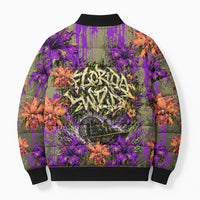Florida Gator Wild Airboat Bomber Puffer Jacket Tropical Hibiscus Floral Graffiti Paint Splatter Art