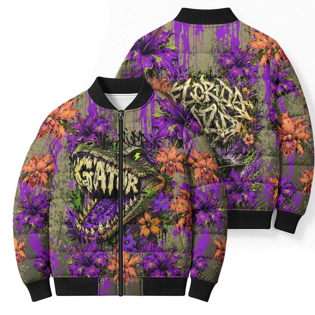 Florida Gator Wild Airboat Bomber Puffer Jacket Tropical Hibiscus Floral Graffiti Paint Splatter Art