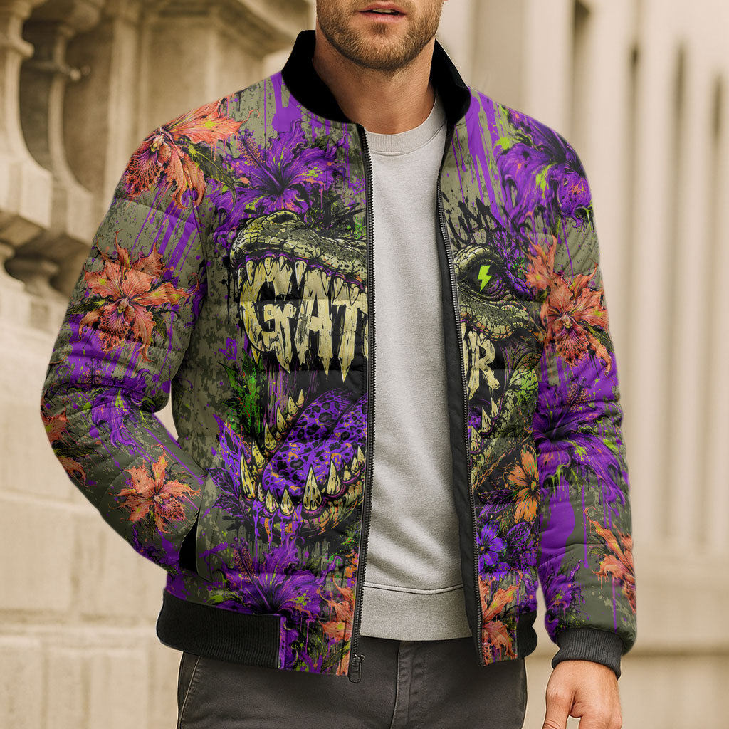 Florida Gator Wild Airboat Bomber Puffer Jacket Tropical Hibiscus Floral Graffiti Paint Splatter Art