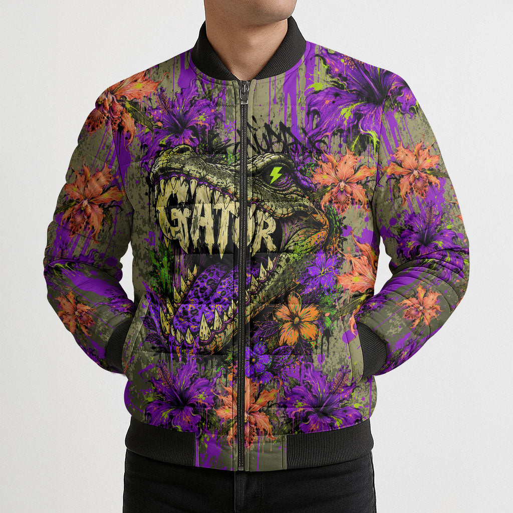 Florida Gator Wild Airboat Bomber Puffer Jacket Tropical Hibiscus Floral Graffiti Paint Splatter Art