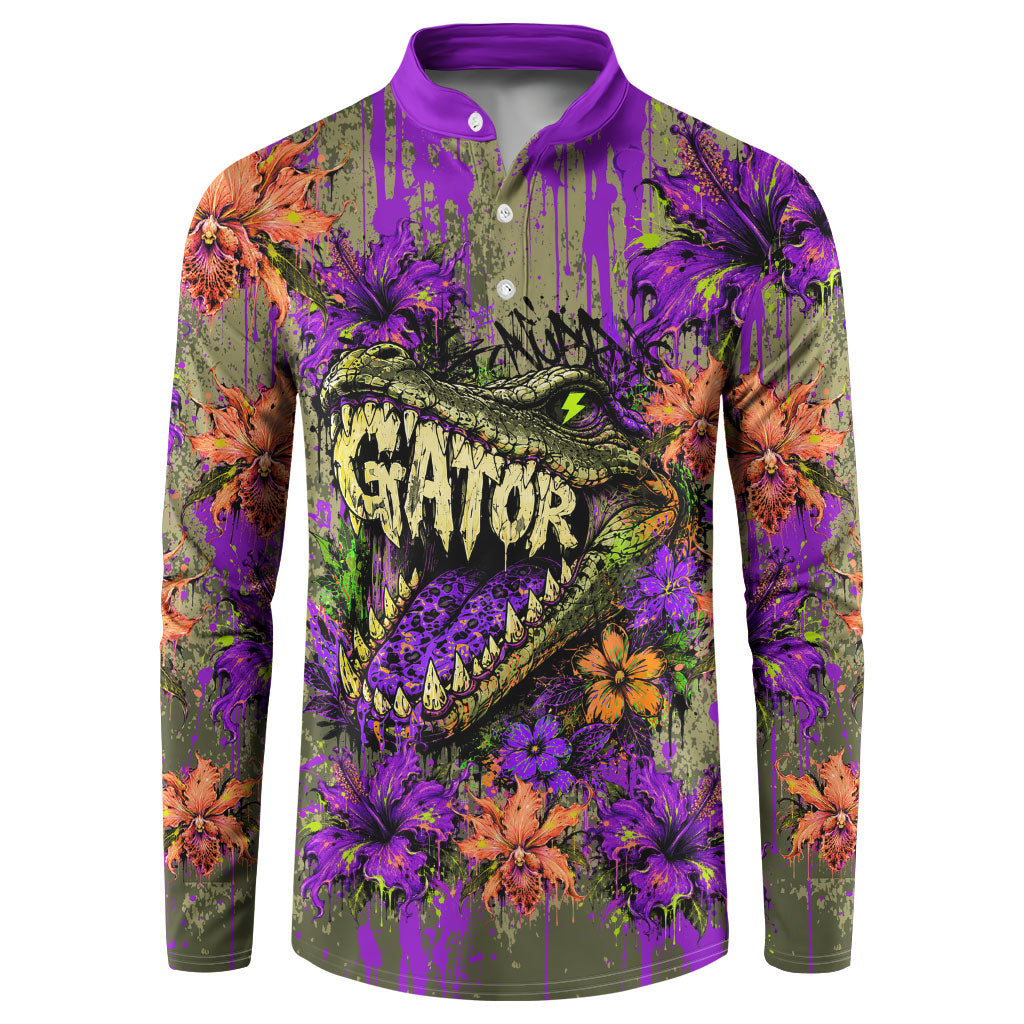 Florida Gator Wild Airboat Button Sweatshirt Tropical Hibiscus Floral Graffiti Paint Splatter Art