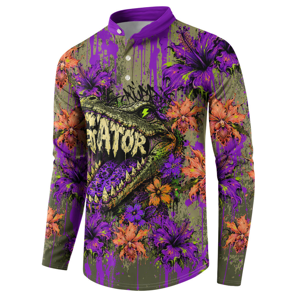 Florida Gator Wild Airboat Button Sweatshirt Tropical Hibiscus Floral Graffiti Paint Splatter Art