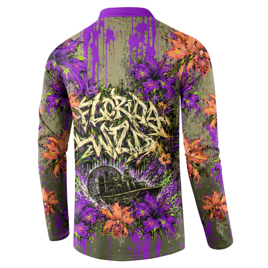 Florida Gator Wild Airboat Button Sweatshirt Tropical Hibiscus Floral Graffiti Paint Splatter Art