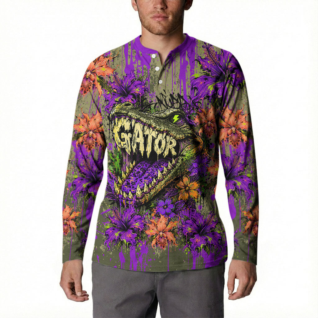 Florida Gator Wild Airboat Button Sweatshirt Tropical Hibiscus Floral Graffiti Paint Splatter Art