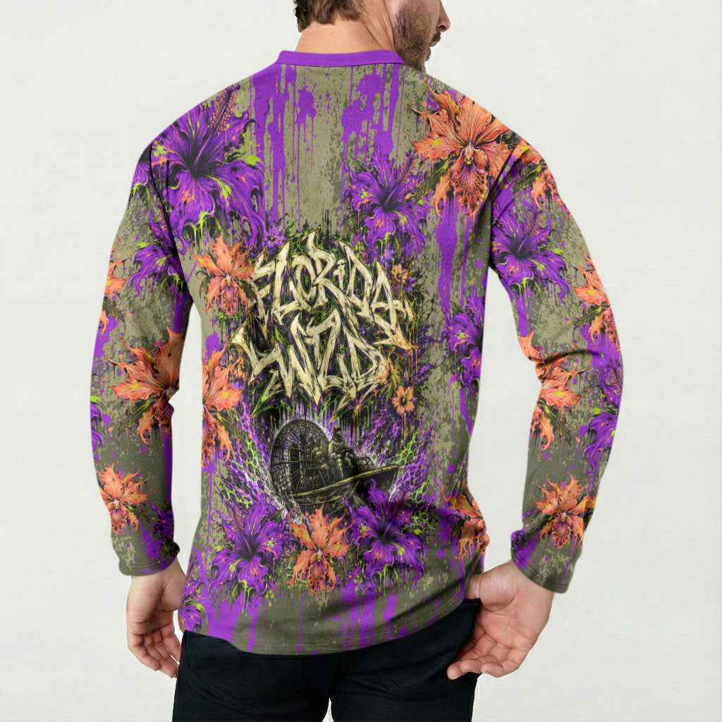 Florida Gator Wild Airboat Button Sweatshirt Tropical Hibiscus Floral Graffiti Paint Splatter Art