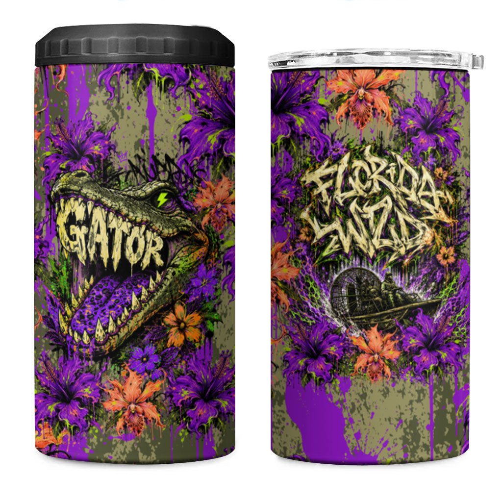 Florida Gator Wild Airboat 4 in 1 Can Cooler Tumbler Tropical Hibiscus Floral Graffiti Paint Splatter Art