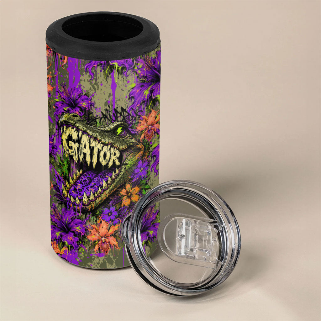 Florida Gator Wild Airboat 4 in 1 Can Cooler Tumbler Tropical Hibiscus Floral Graffiti Paint Splatter Art