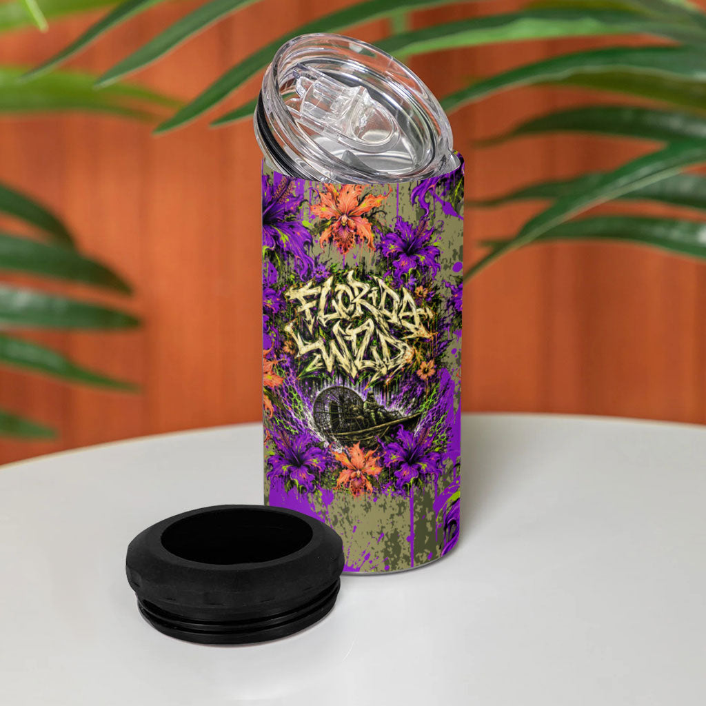 Florida Gator Wild Airboat 4 in 1 Can Cooler Tumbler Tropical Hibiscus Floral Graffiti Paint Splatter Art