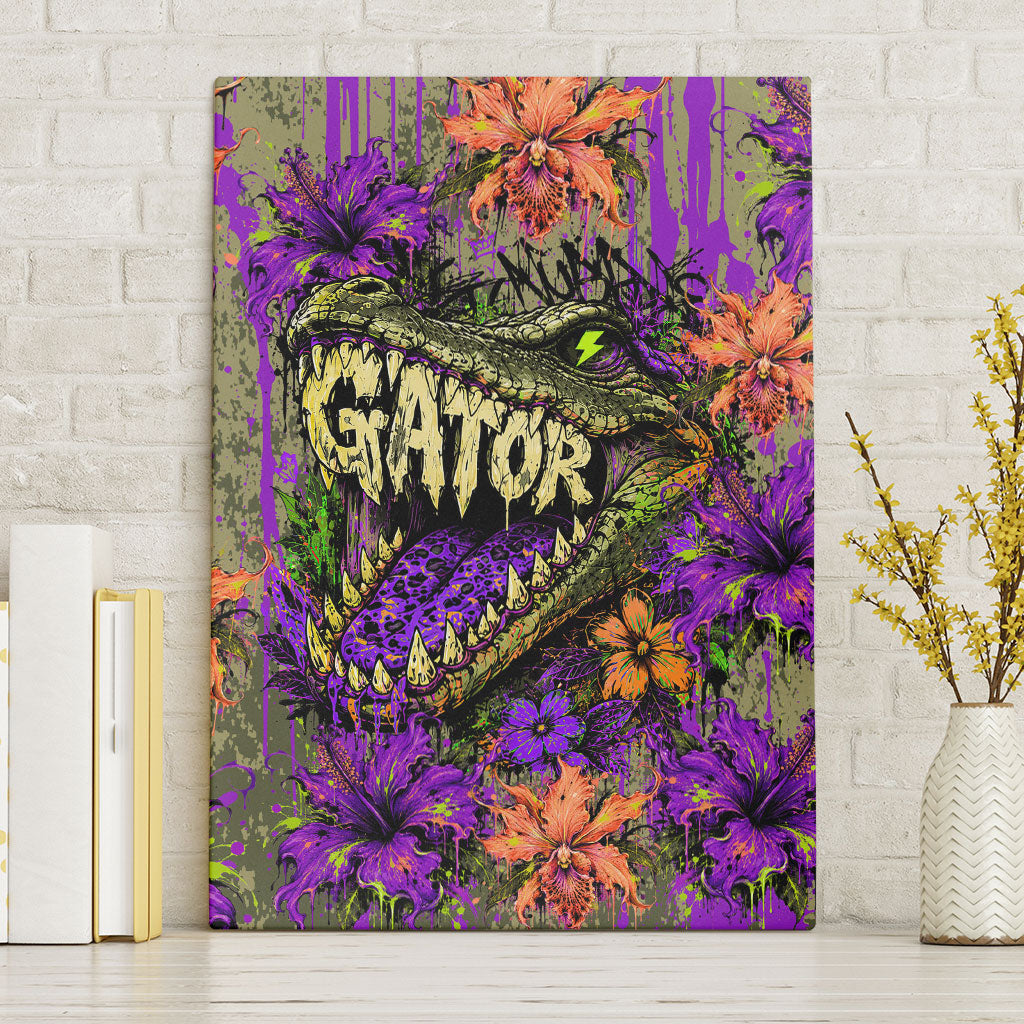 Florida Gator Wild Airboat Canvas Wall Art Tropical Hibiscus Floral Graffiti Paint Splatter Art