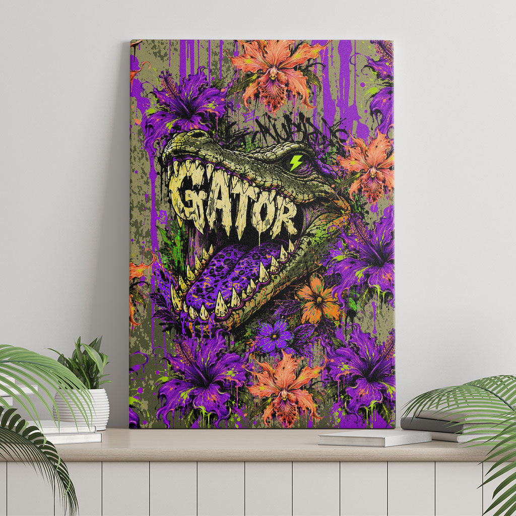 Florida Gator Wild Airboat Canvas Wall Art Tropical Hibiscus Floral Graffiti Paint Splatter Art