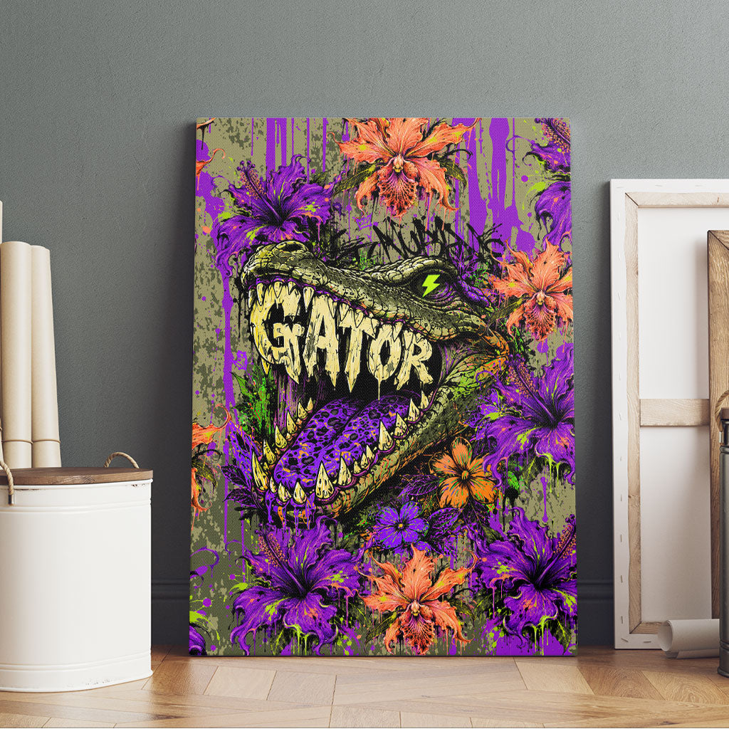 Florida Gator Wild Airboat Canvas Wall Art Tropical Hibiscus Floral Graffiti Paint Splatter Art