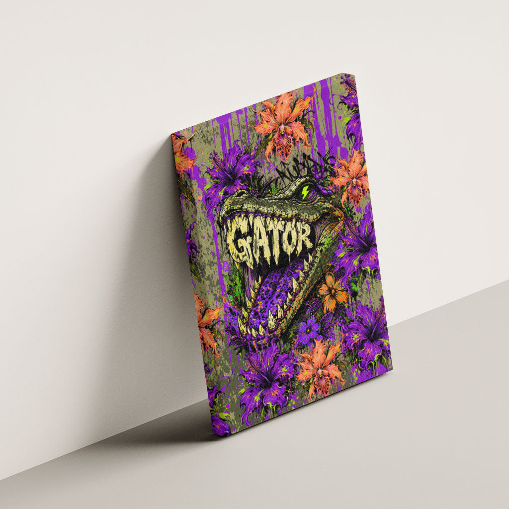 Florida Gator Wild Airboat Canvas Wall Art Tropical Hibiscus Floral Graffiti Paint Splatter Art
