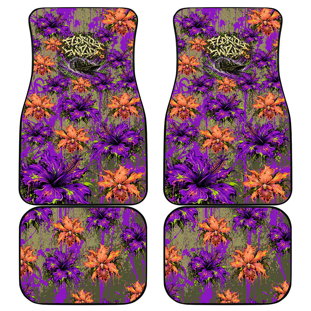 Florida Gator Wild Airboat Car Mats Tropical Hibiscus Floral Graffiti Paint Splatter Art