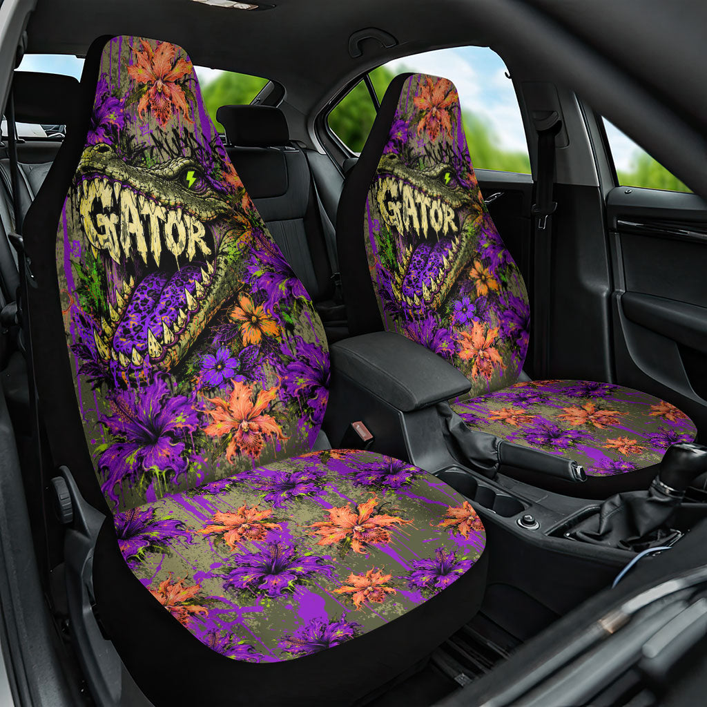 Florida Gator Wild Airboat Car Seat Cover Tropical Hibiscus Floral Graffiti Paint Splatter Art