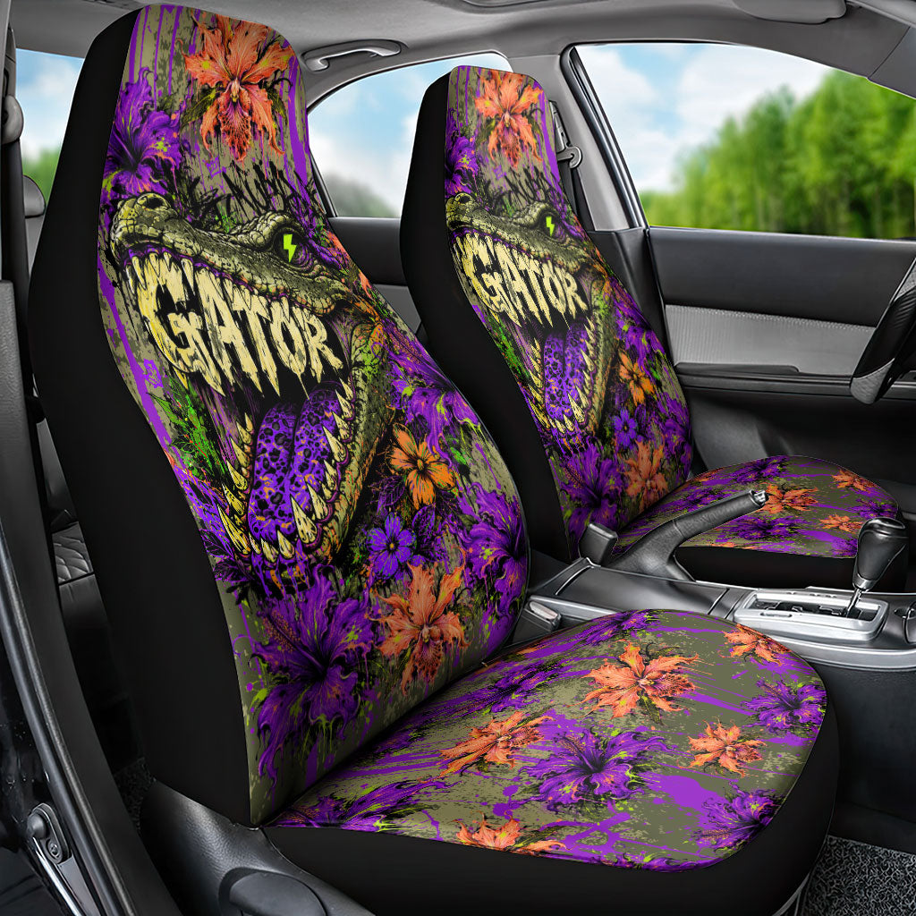 Florida Gator Wild Airboat Car Seat Cover Tropical Hibiscus Floral Graffiti Paint Splatter Art