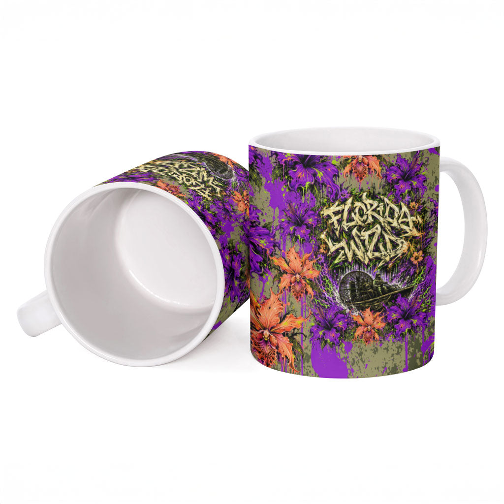 Florida Gator Wild Airboat Ceramic Mug Tropical Hibiscus Floral Graffiti Paint Splatter Art