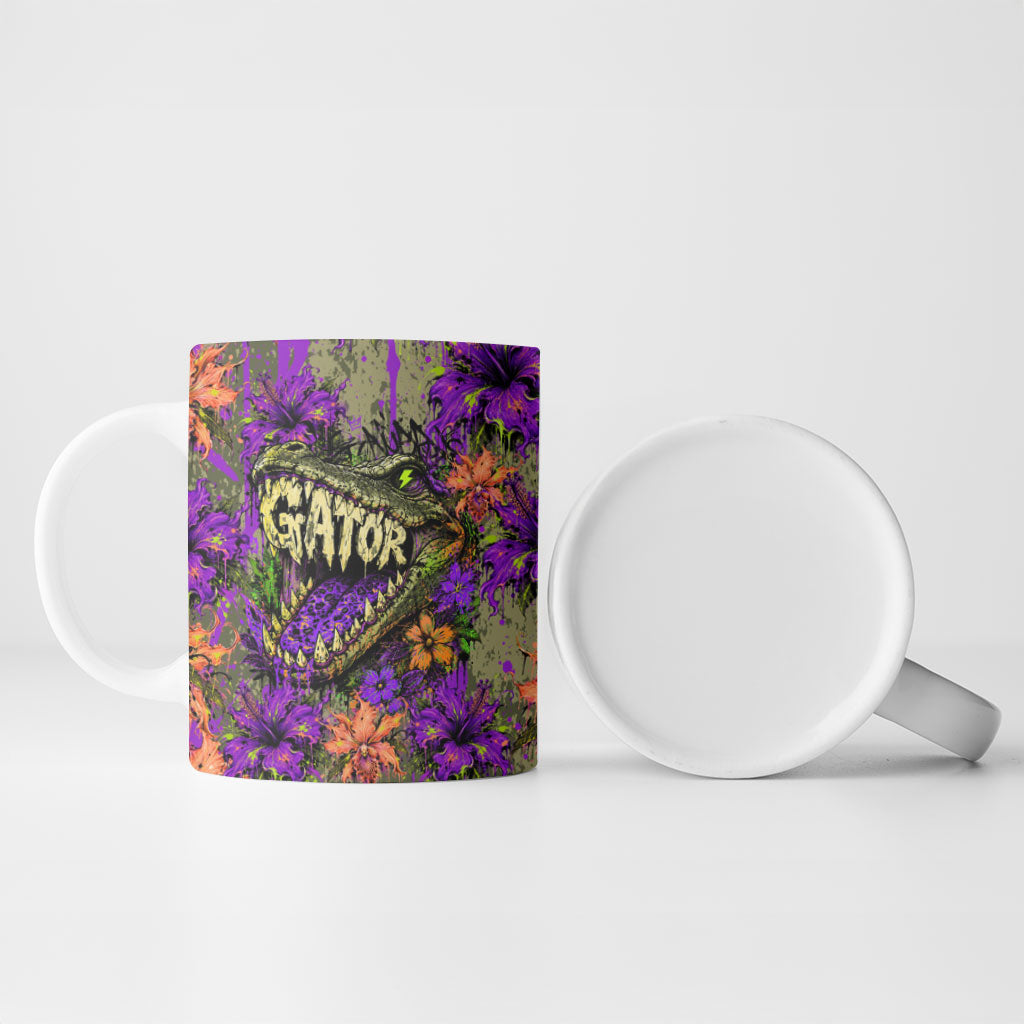 Florida Gator Wild Airboat Ceramic Mug Tropical Hibiscus Floral Graffiti Paint Splatter Art