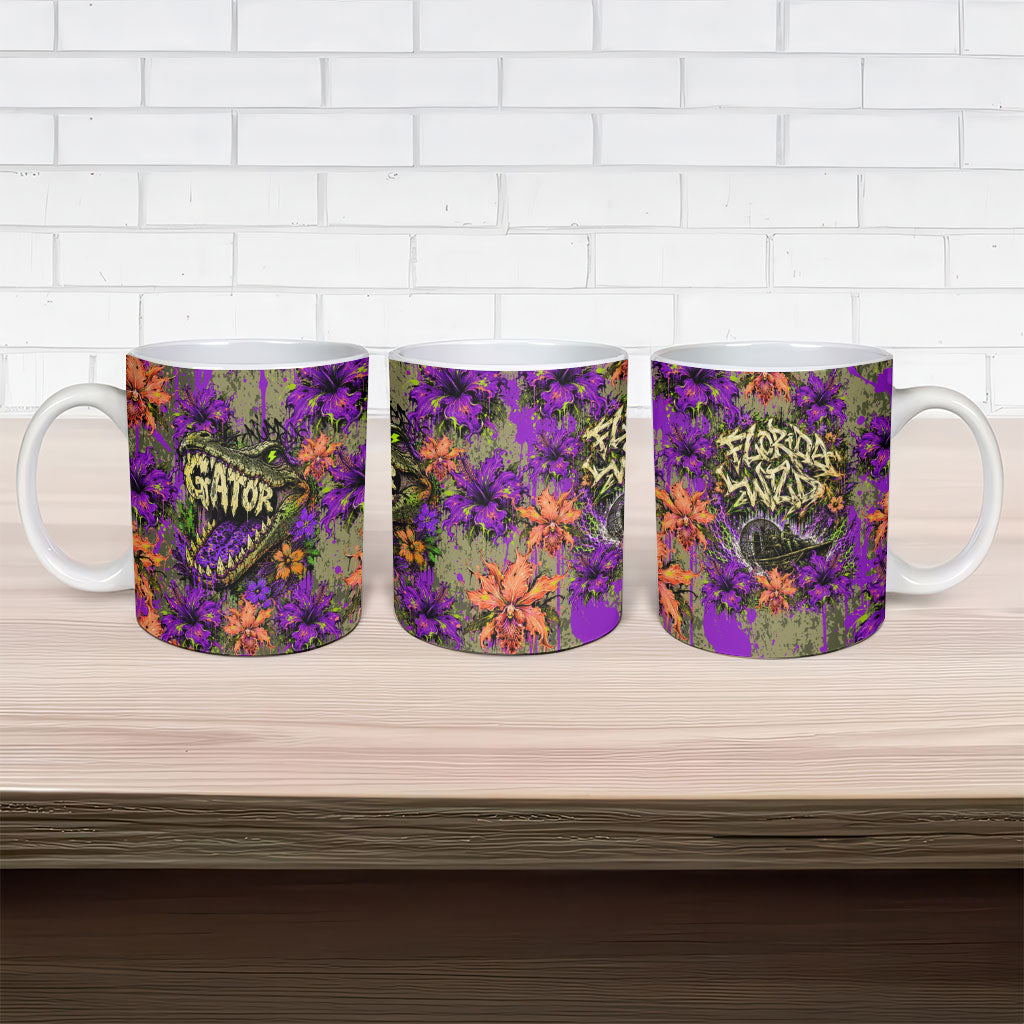 Florida Gator Wild Airboat Ceramic Mug Tropical Hibiscus Floral Graffiti Paint Splatter Art