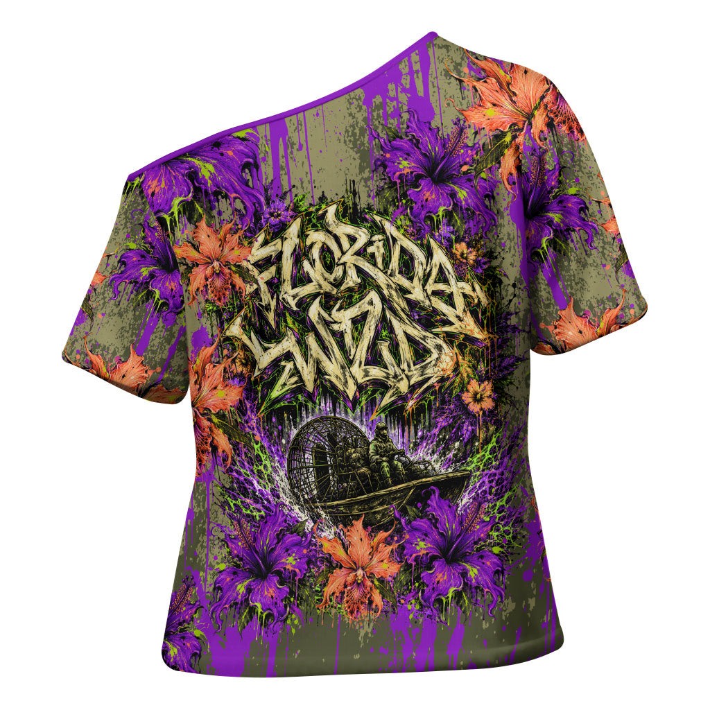Florida Gator Wild Airboat Cross Shoulder Shirt Tropical Hibiscus Floral Graffiti Paint Splatter Art