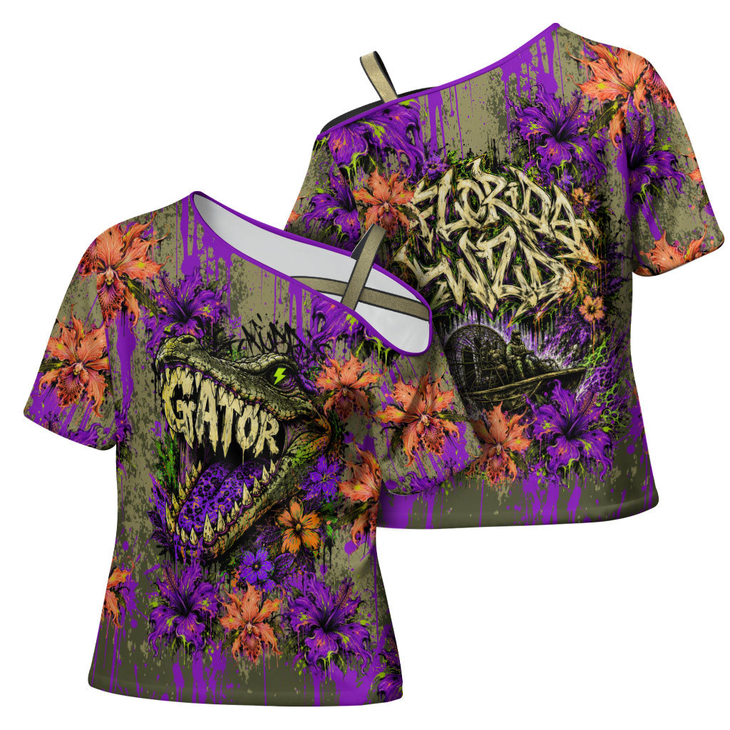 Florida Gator Wild Airboat Cross Shoulder Shirt Tropical Hibiscus Floral Graffiti Paint Splatter Art