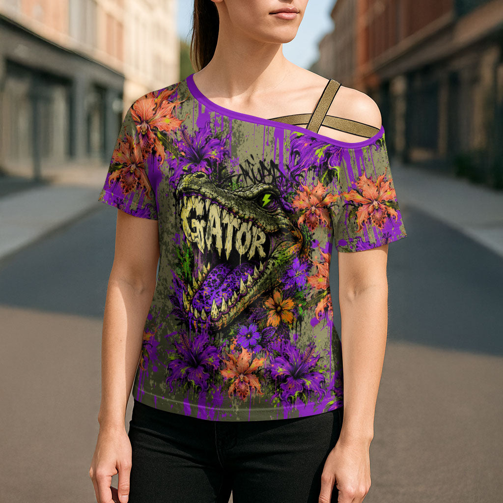 Florida Gator Wild Airboat Cross Shoulder Shirt Tropical Hibiscus Floral Graffiti Paint Splatter Art