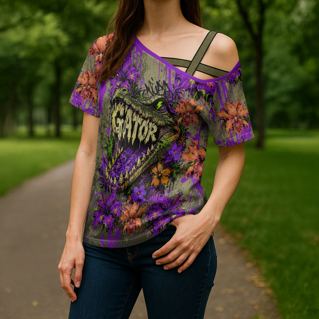 Florida Gator Wild Airboat Cross Shoulder Shirt Tropical Hibiscus Floral Graffiti Paint Splatter Art