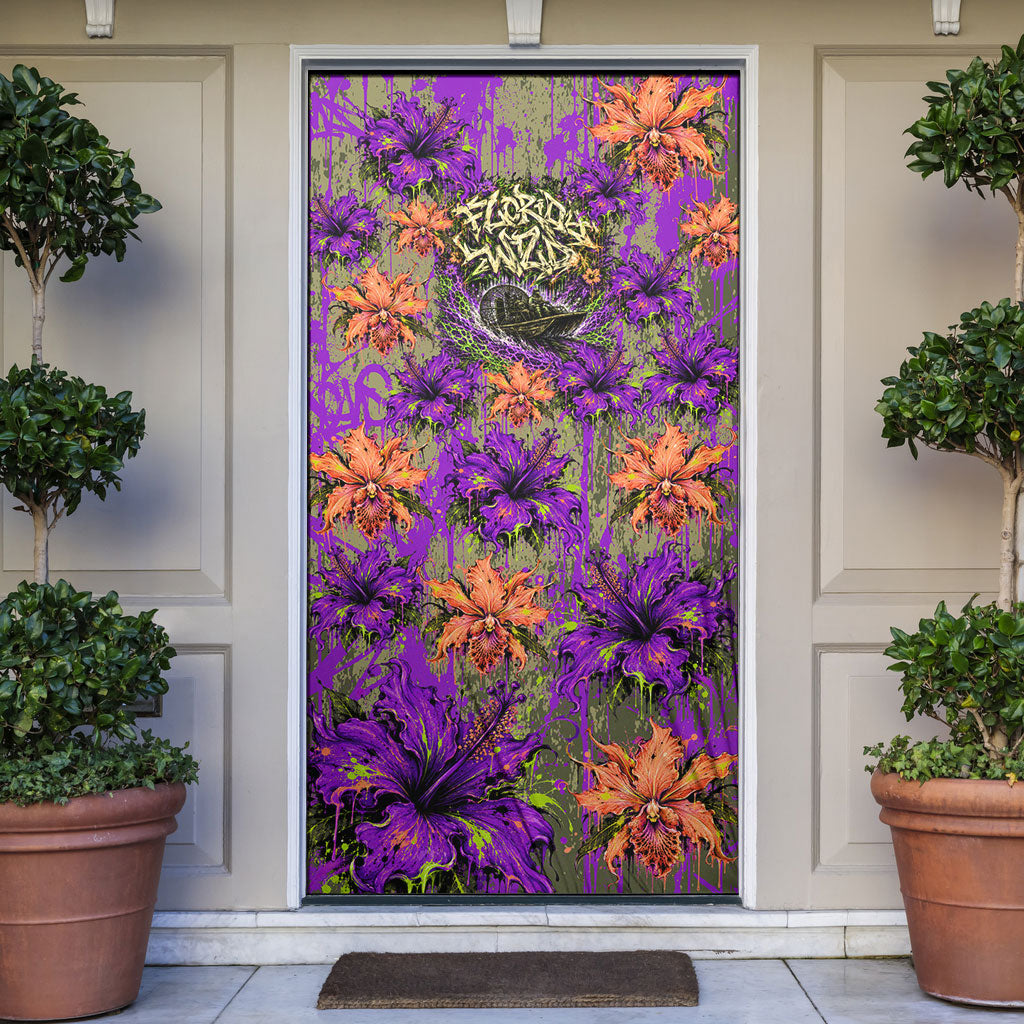 Florida Gator Wild Airboat Door Cover Tropical Hibiscus Floral Graffiti Paint Splatter Art