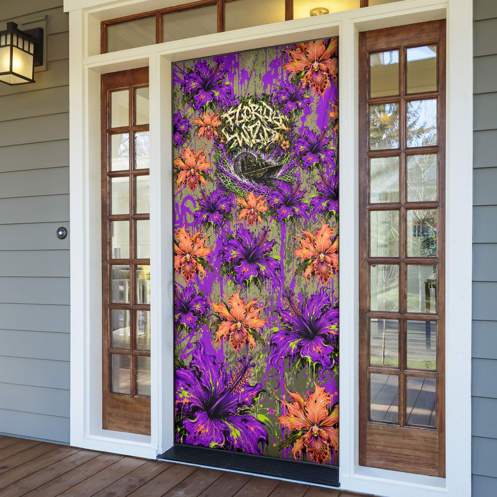 Florida Gator Wild Airboat Door Cover Tropical Hibiscus Floral Graffiti Paint Splatter Art