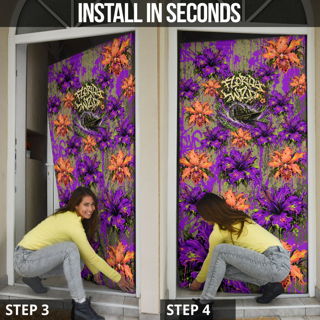 Florida Gator Wild Airboat Door Cover Tropical Hibiscus Floral Graffiti Paint Splatter Art