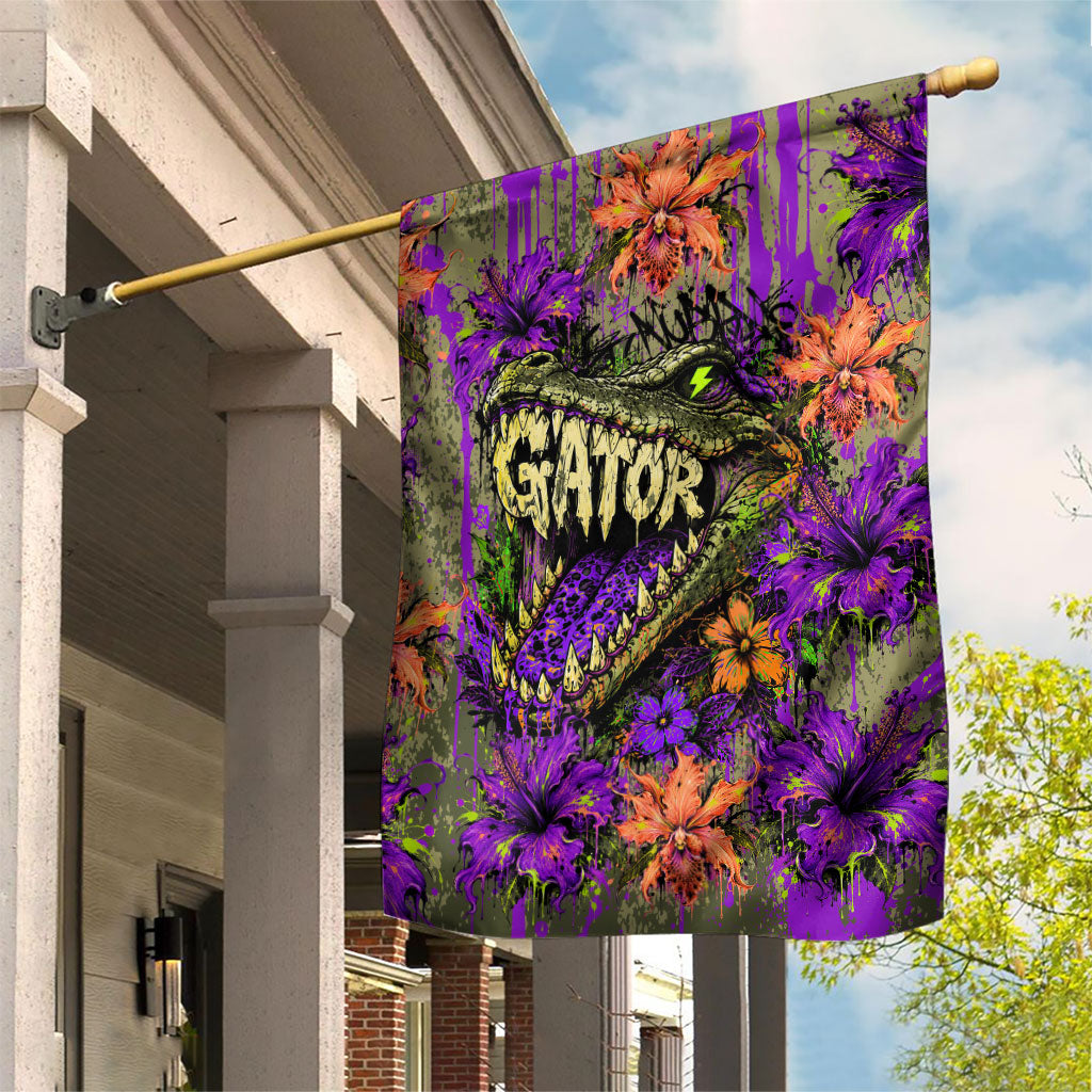 Florida Gator Wild Airboat Garden Flag Tropical Hibiscus Floral Graffiti Paint Splatter Art