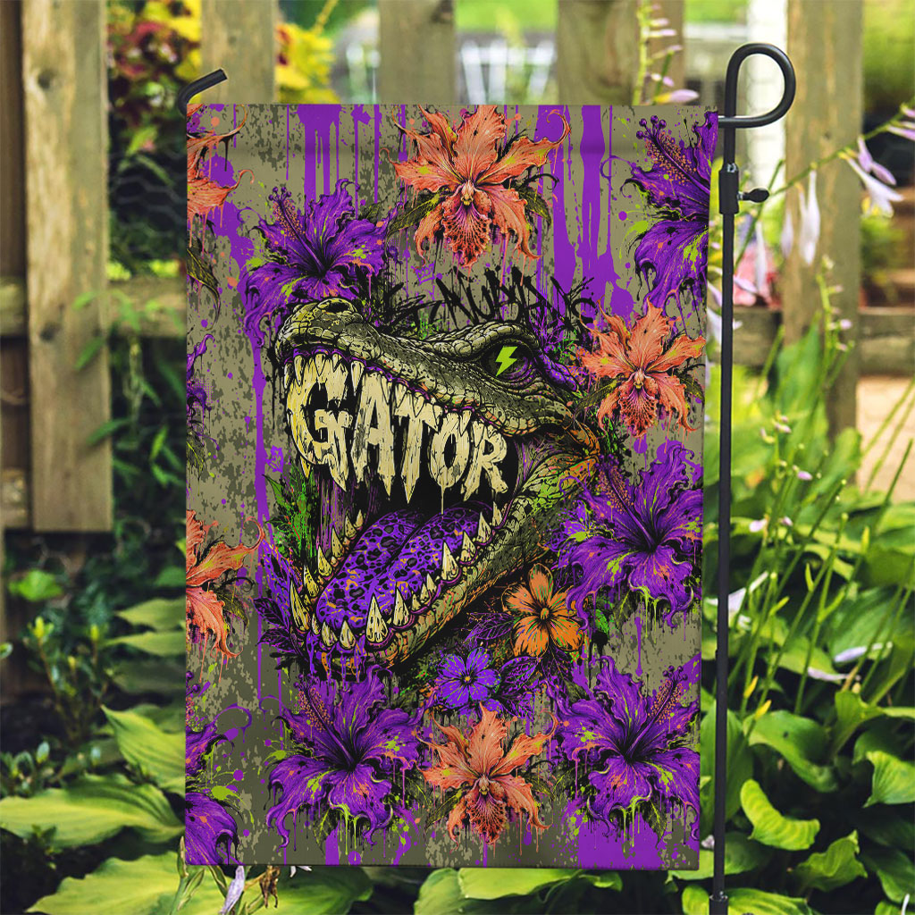 Florida Gator Wild Airboat Garden Flag Tropical Hibiscus Floral Graffiti Paint Splatter Art