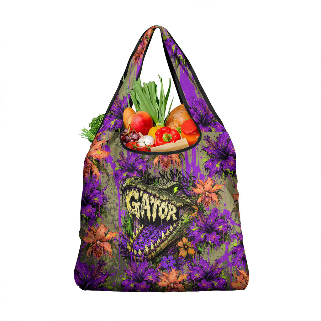 Florida Gator Wild Airboat Grocery Bag Tropical Hibiscus Floral Graffiti Paint Splatter Art