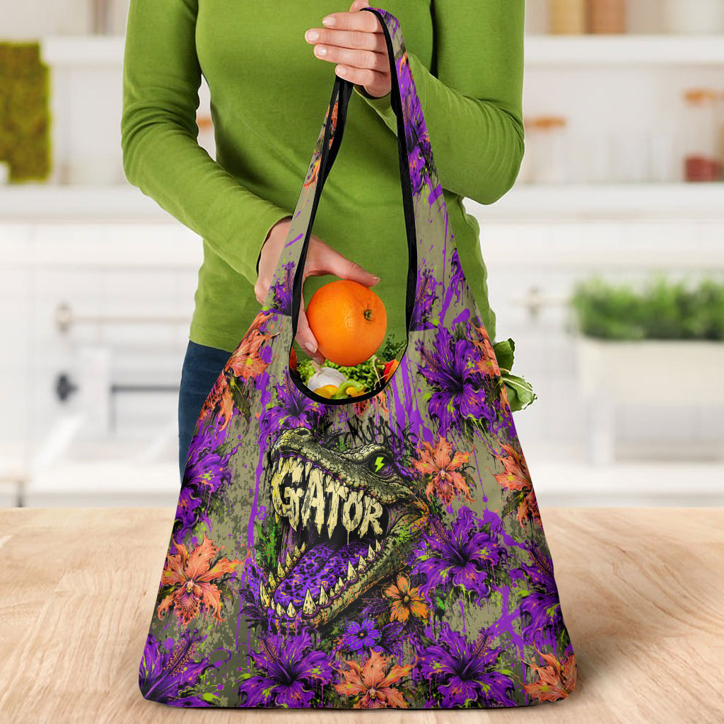 Florida Gator Wild Airboat Grocery Bag Tropical Hibiscus Floral Graffiti Paint Splatter Art