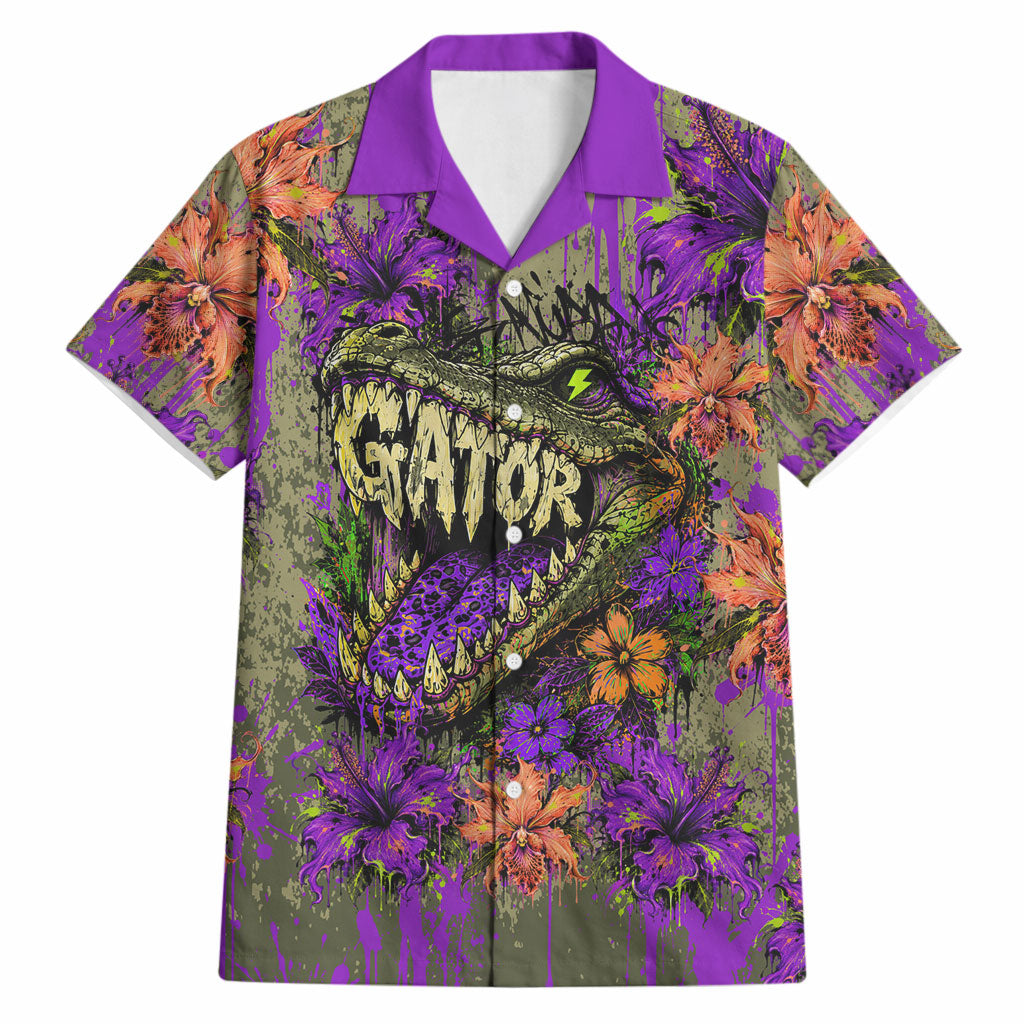 Florida Gator Wild Airboat Hawaiian Shirt Tropical Hibiscus Floral Graffiti Paint Splatter Art