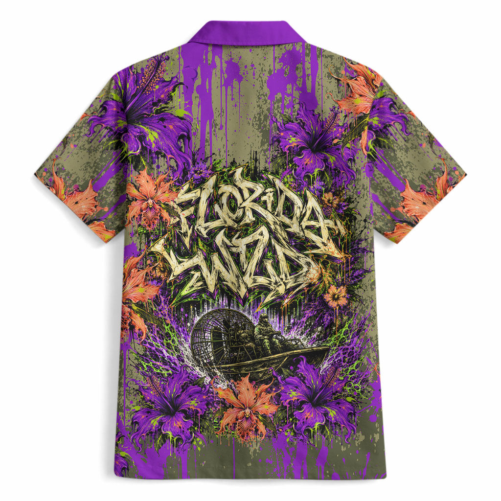 Florida Gator Wild Airboat Hawaiian Shirt Tropical Hibiscus Floral Graffiti Paint Splatter Art