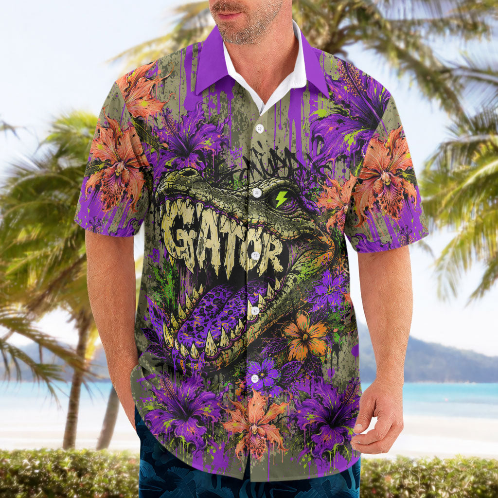 Florida Gator Wild Airboat Hawaiian Shirt Tropical Hibiscus Floral Graffiti Paint Splatter Art