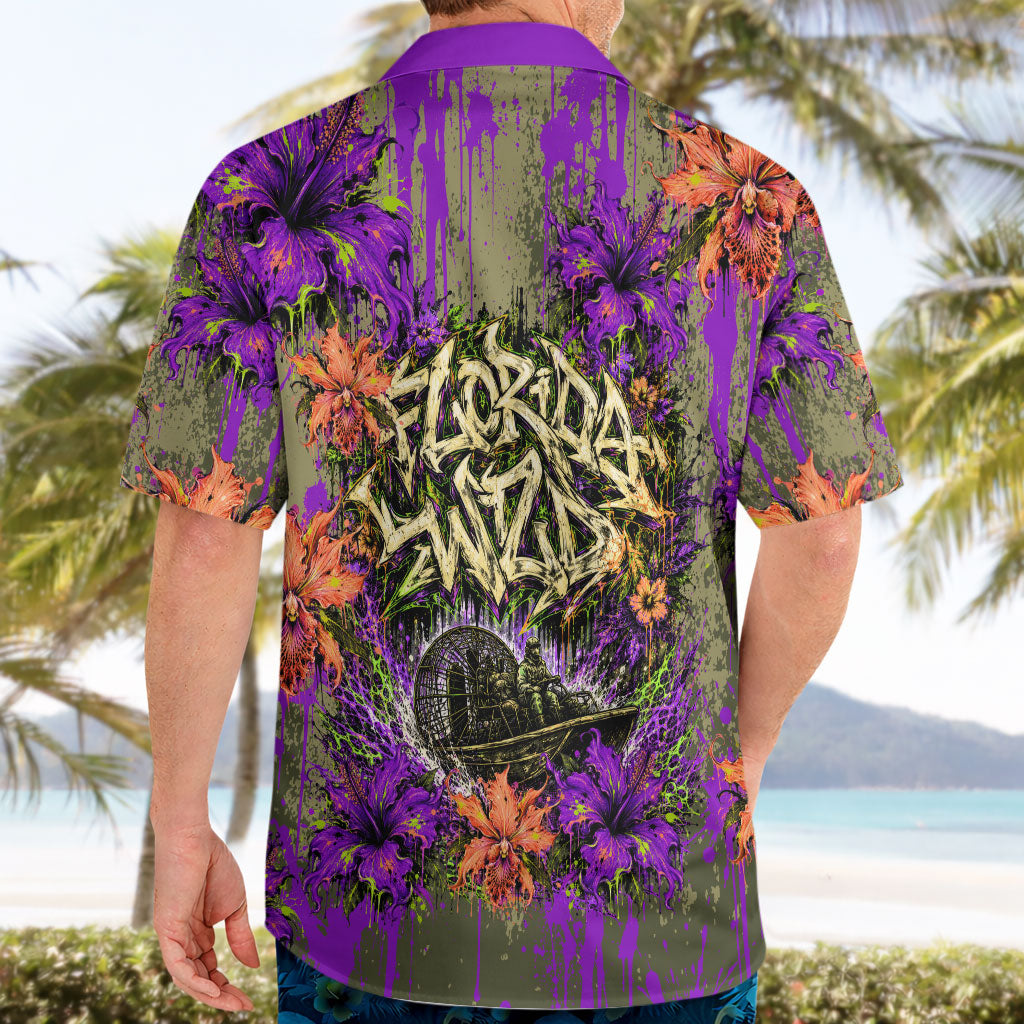 Florida Gator Wild Airboat Hawaiian Shirt Tropical Hibiscus Floral Graffiti Paint Splatter Art