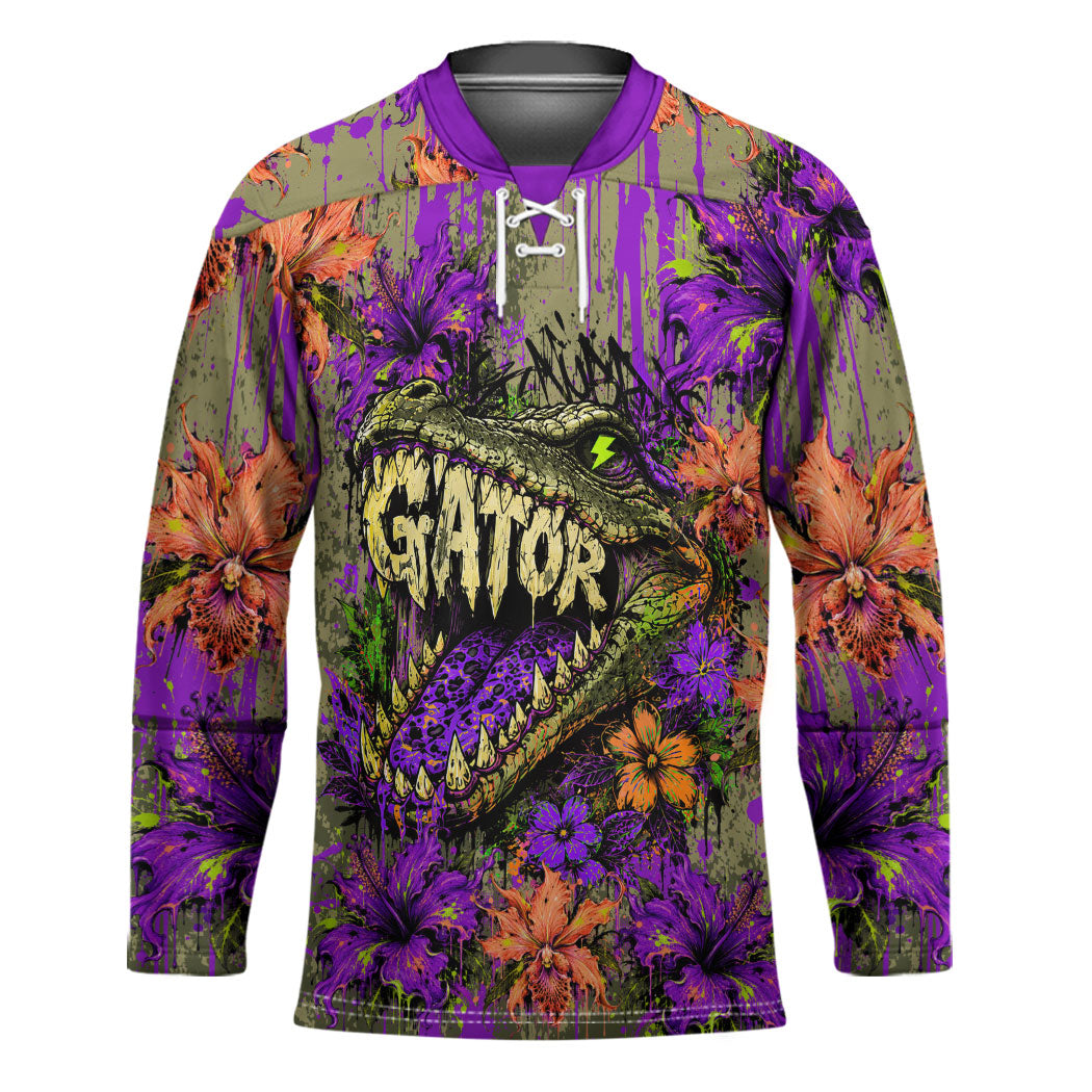 Florida Gator Wild Airboat Hockey Jersey Tropical Hibiscus Floral Graffiti Paint Splatter Art