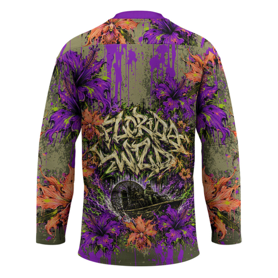 Florida Gator Wild Airboat Hockey Jersey Tropical Hibiscus Floral Graffiti Paint Splatter Art