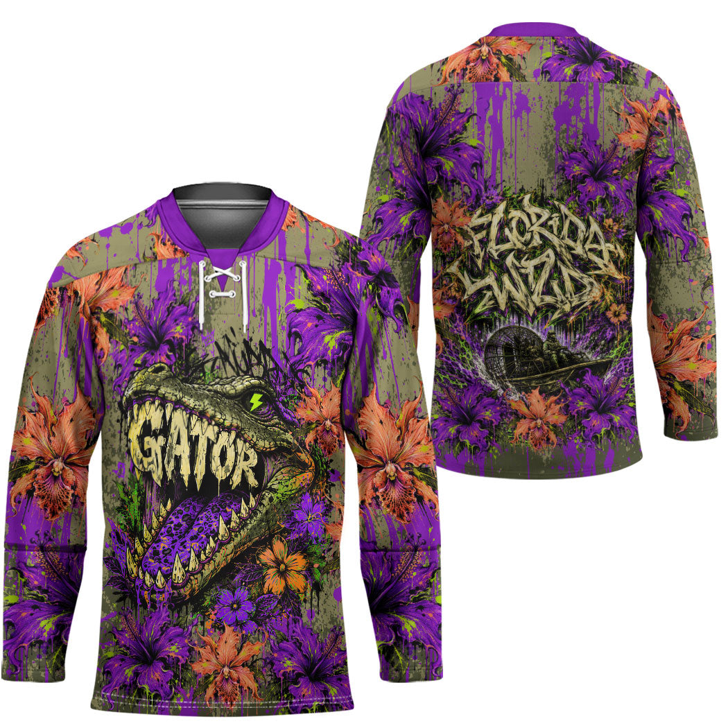 Florida Gator Wild Airboat Hockey Jersey Tropical Hibiscus Floral Graffiti Paint Splatter Art