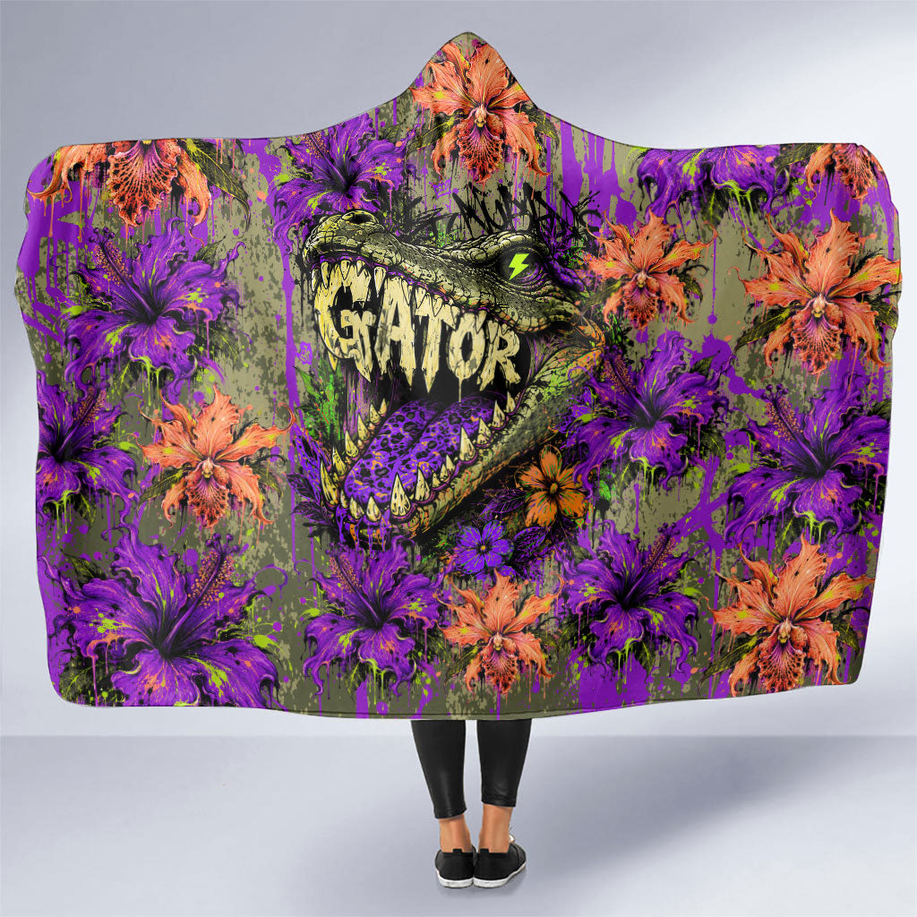 Florida Gator Wild Airboat Hooded Blanket Tropical Hibiscus Floral Graffiti Paint Splatter Art