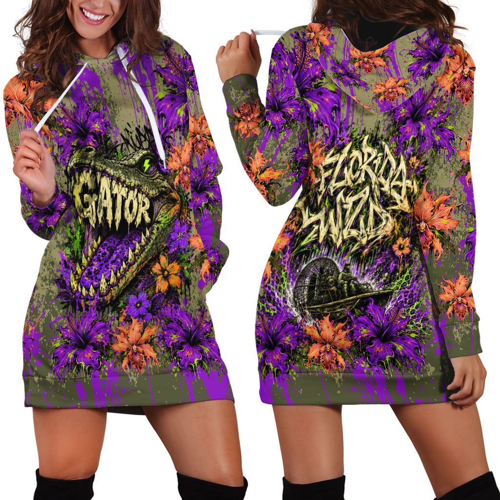 Florida Gator Wild Airboat Hoodie Dress Tropical Hibiscus Floral Graffiti Paint Splatter Art