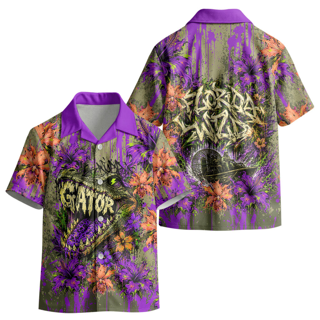 Florida Gator Wild Airboat Kid Hawaiian Shirt Tropical Hibiscus Floral Graffiti Paint Splatter Art