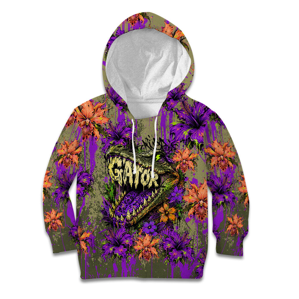 Florida Gator Wild Airboat Kid Hoodie Tropical Hibiscus Floral Graffiti Paint Splatter Art