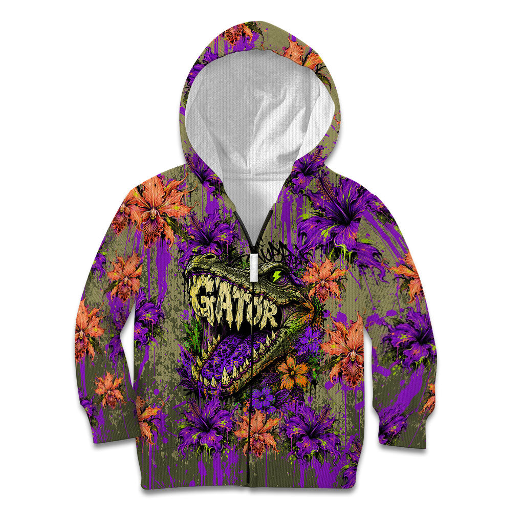 Florida Gator Wild Airboat Kid Hoodie Tropical Hibiscus Floral Graffiti Paint Splatter Art