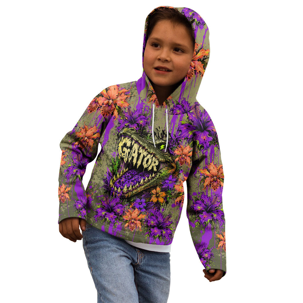Florida Gator Wild Airboat Kid Hoodie Tropical Hibiscus Floral Graffiti Paint Splatter Art