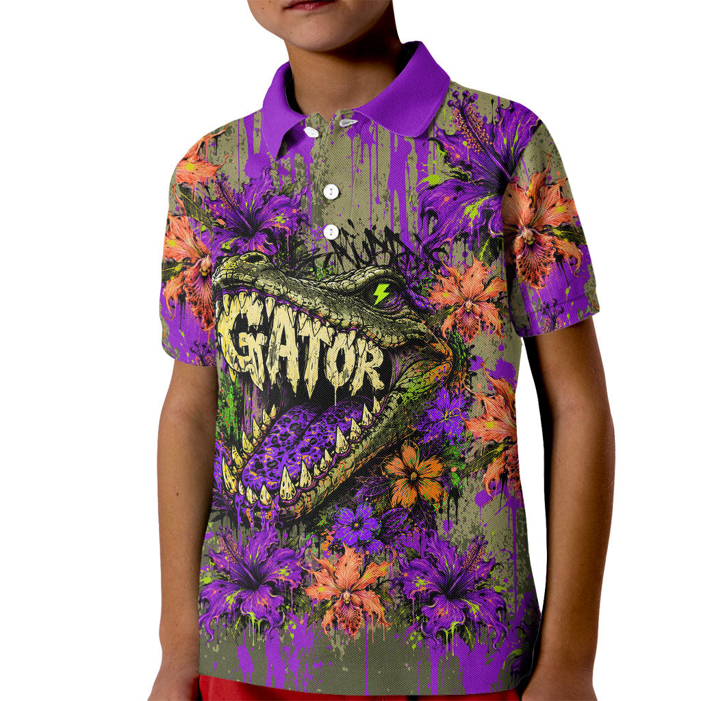Florida Gator Wild Airboat Kid Polo Shirt Tropical Hibiscus Floral Graffiti Paint Splatter Art