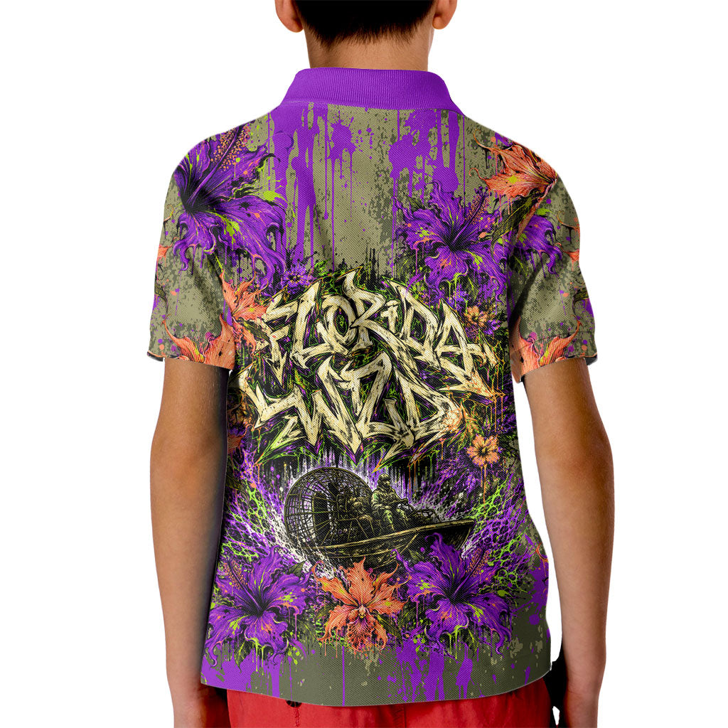 Florida Gator Wild Airboat Kid Polo Shirt Tropical Hibiscus Floral Graffiti Paint Splatter Art