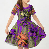 Florida Gator Wild Airboat Kid Short Sleeve Dress Tropical Hibiscus Floral Graffiti Paint Splatter Art