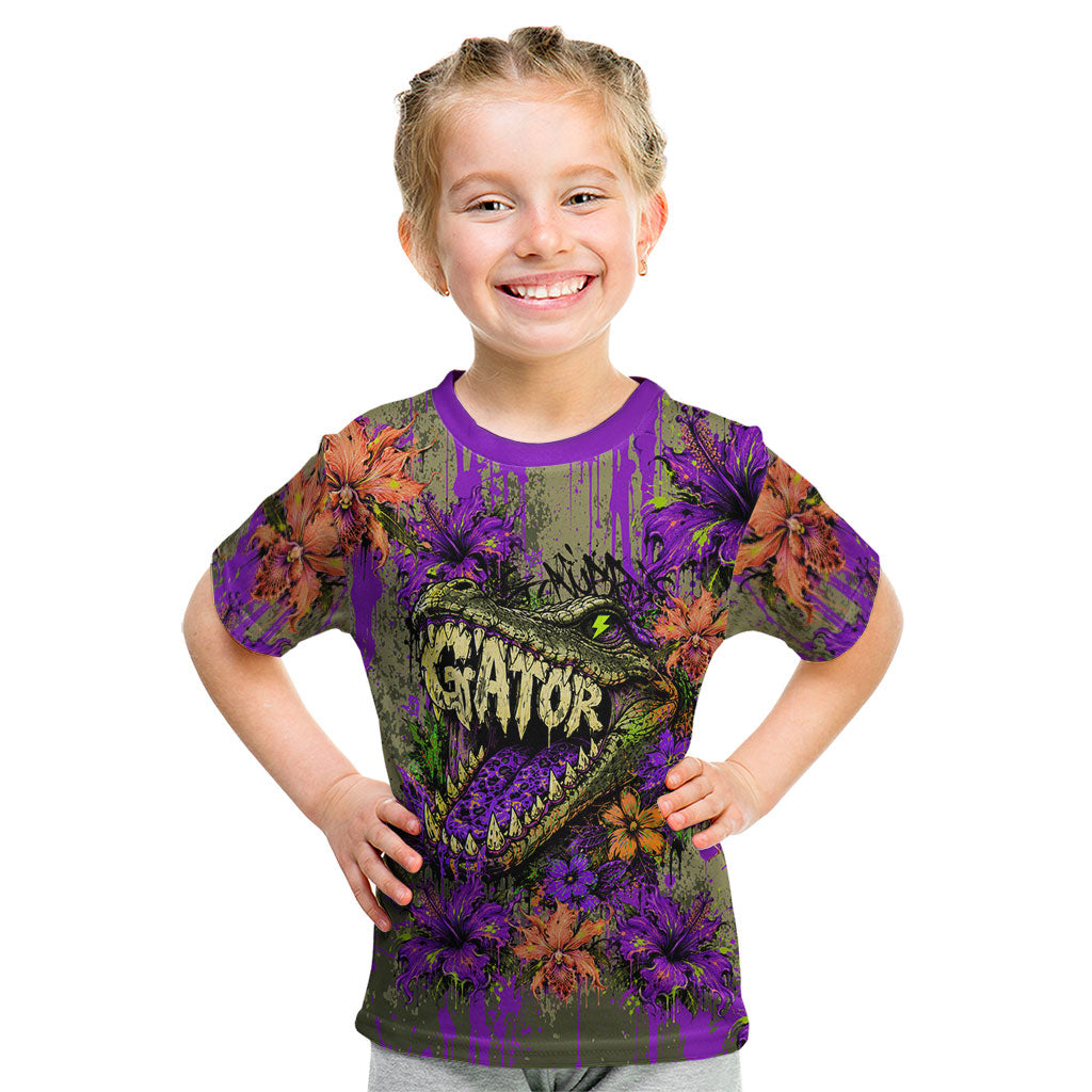 Florida Gator Wild Airboat Kid T Shirt Tropical Hibiscus Floral Graffiti Paint Splatter Art